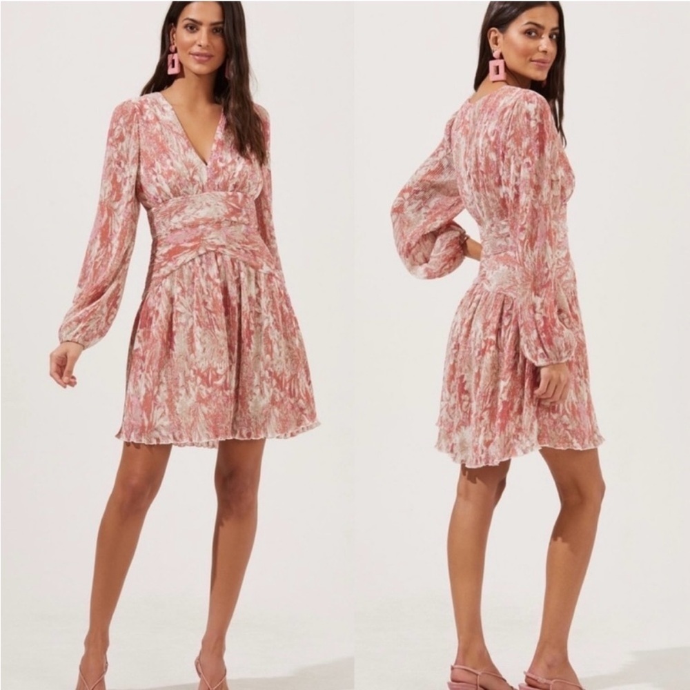 ASTR The Label Floral Long Sleeve Plisse Dress - Orange/Pink - Size Small - Picture 5 of 14